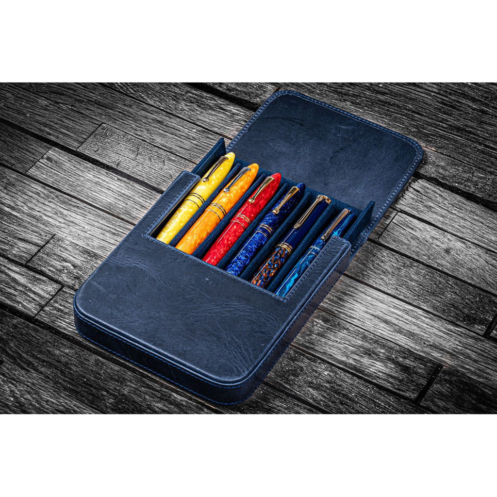 Galen Leather - Leather Magnum Opus 6 Slots Hard Pen Case with Removable Pen Tray - Crazy Horse Navy Blue