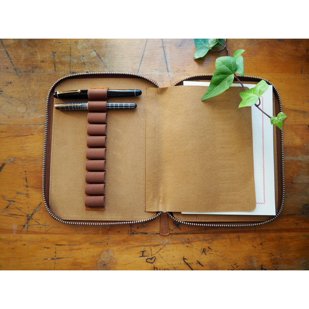 Galen Leather - Leather Zippered 10 Slots Pen Case with A5 Notebook Holder - Crazy Horse Brown