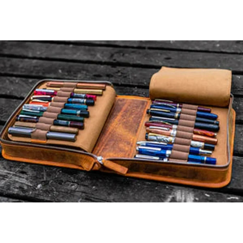 Galen Leather - Leather Zippered 40 Slots Pen Case - Crazy Horse Brown