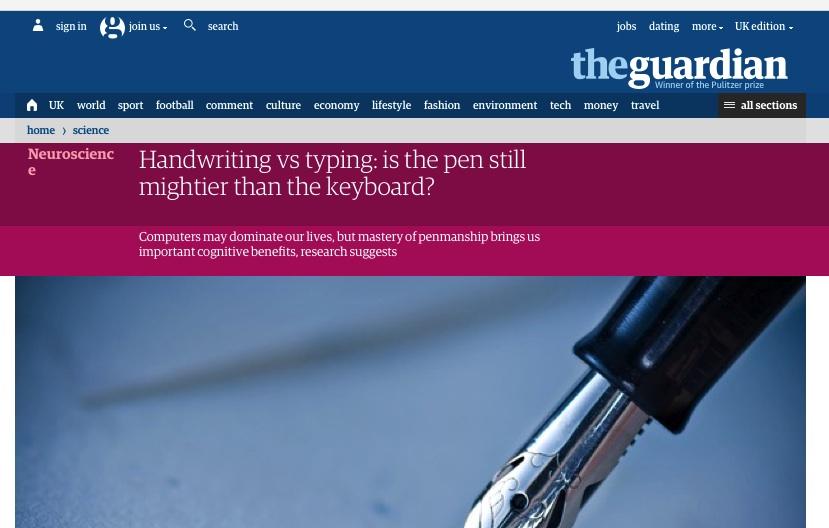 Handwriting vs typing: is the pen still mightier than the keyboard? Article from The Guardian