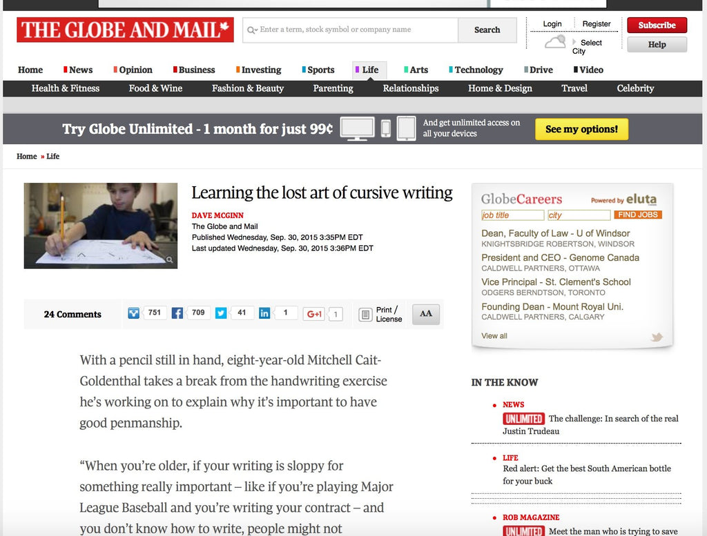 A Few Reasons to Learn Cursive Writing + An Article on the Subject in the Globe & Mail