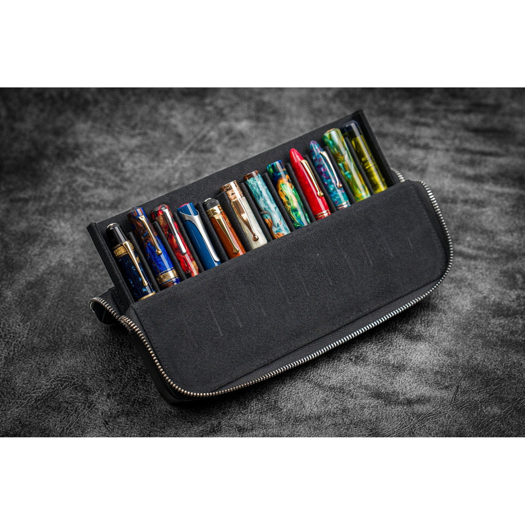 Galen Leather - Leather Zippered Magnum Opus 12 Slots Hard Pen Case with Removable Pen Tray - Black