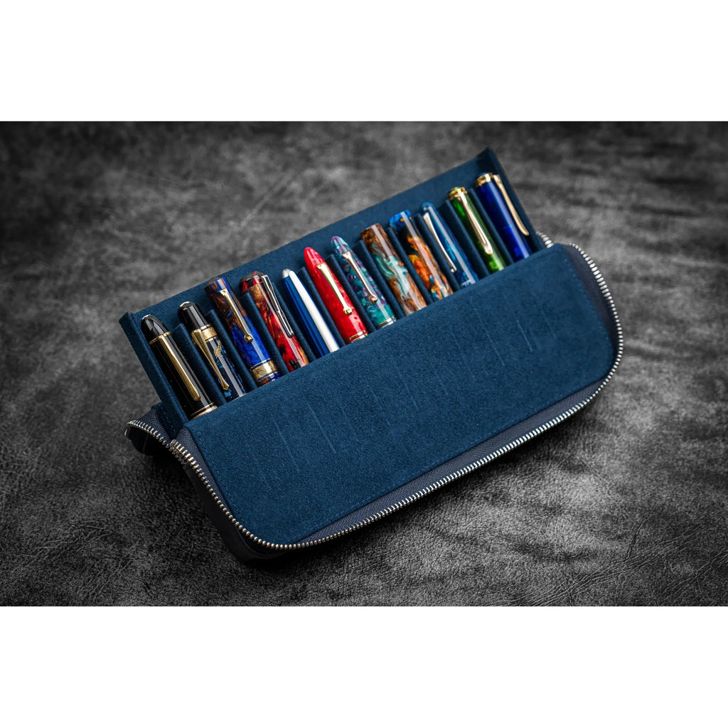 Galen Leather - Leather Zippered Magnum Opus 12 Slots Hard Pen Case with Removable Pen Tray - Crazy Horse Navy Blue
