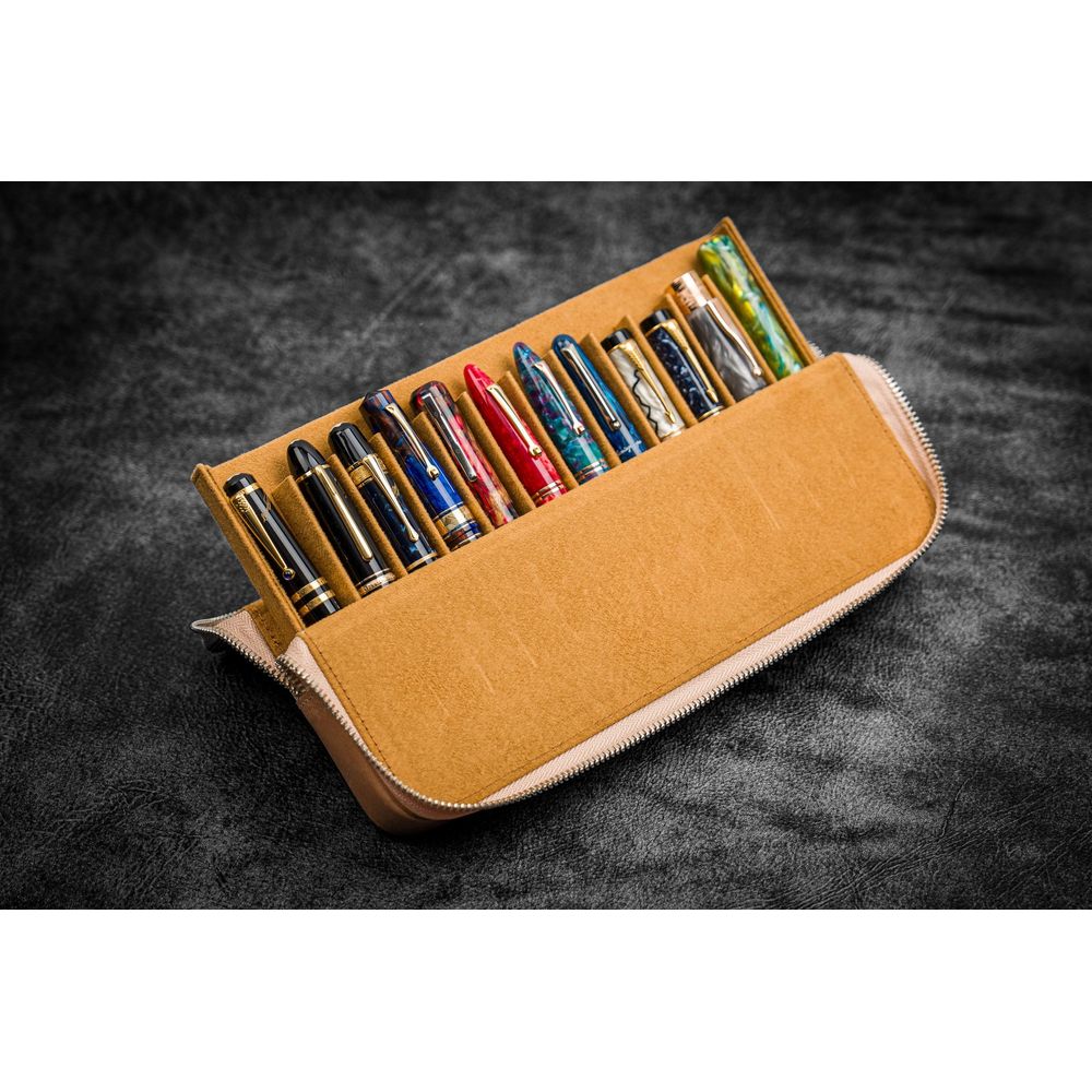 Galen Leather - Leather Zippered Magnum Opus 12 Slots Hard Pen Case with Removable Pen Tray - Undyed