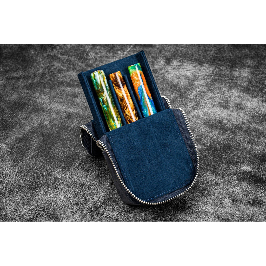 Galen Leather - Leather Zippered Magnum Opus 3 Slots Hard Pen Case with Removable Pen Tray - Crazy Horse Navy Blue