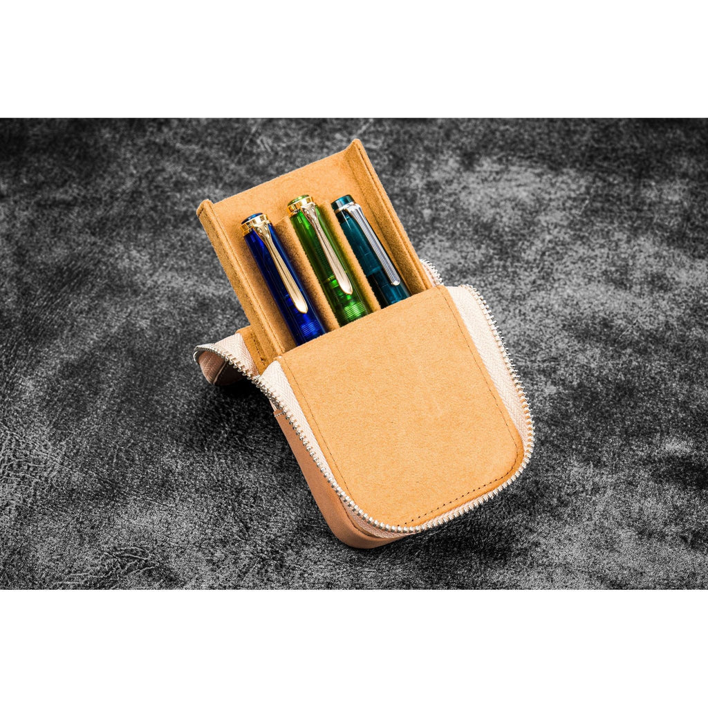 Galen Leather - Leather Zippered Magnum Opus 3 Slots Hard Pen Case with Removable Pen Tray - Undyed