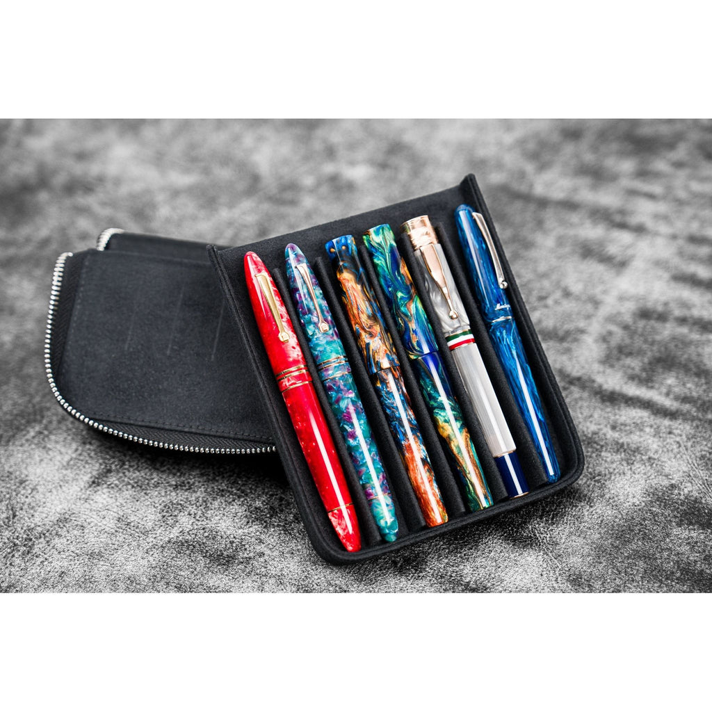 Galen Leather - Leather Zippered Magnum Opus 6 Slots Hard Pen Case with Removable Pen Tray - Black