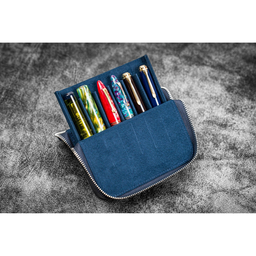 Galen Leather - Leather Zippered Magnum Opus 6 Slots Hard Pen Case with Removable Pen Tray - Crazy Horse Navy Blue