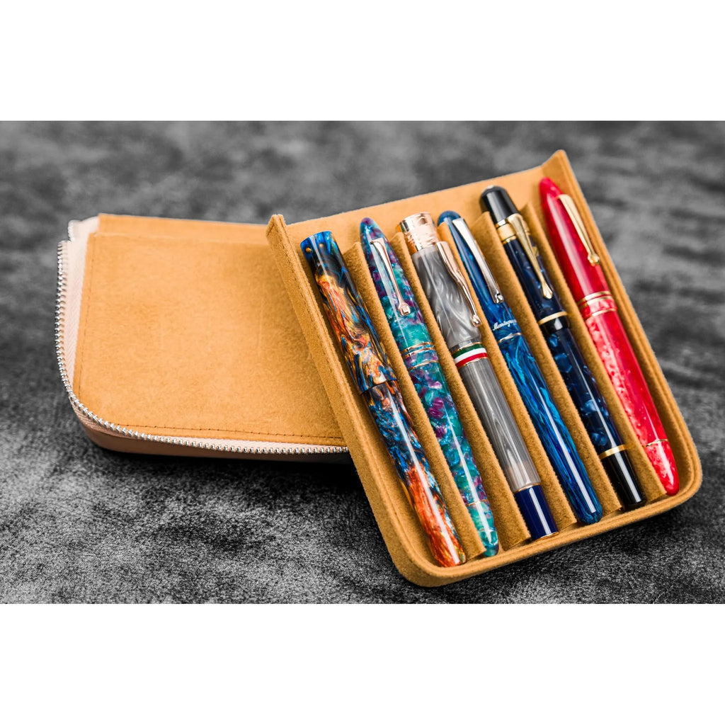 Galen Leather - Leather Zippered Magnum Opus 6 Slots Hard Pen Case with Removable Pen Tray - Undyed