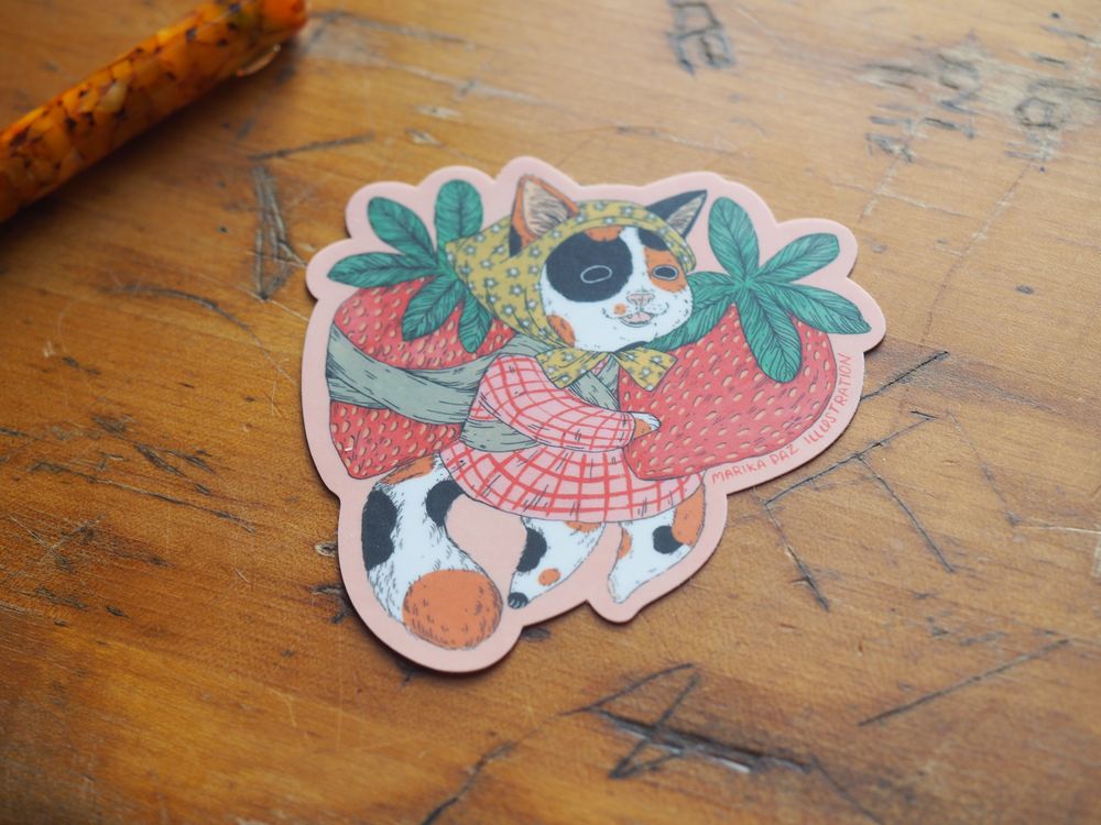 Marika Paz Illustration Vinyl Sticker - Strawberry Cat