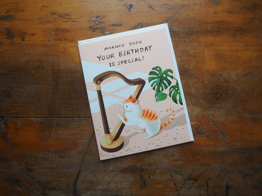 JooJoo Paper - Cat and Harp Birthday Greeting Card