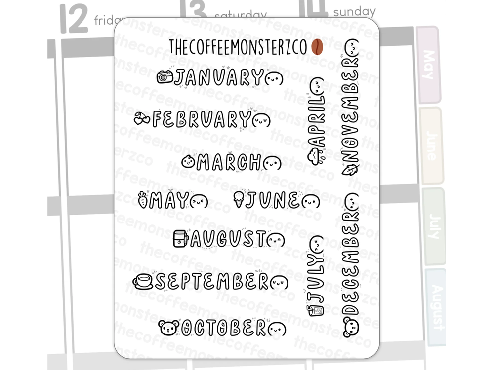 TheCoffeeMonsterzCo - Sticker Sheet - 2025 Monthly Headings Black (E1240G(W))