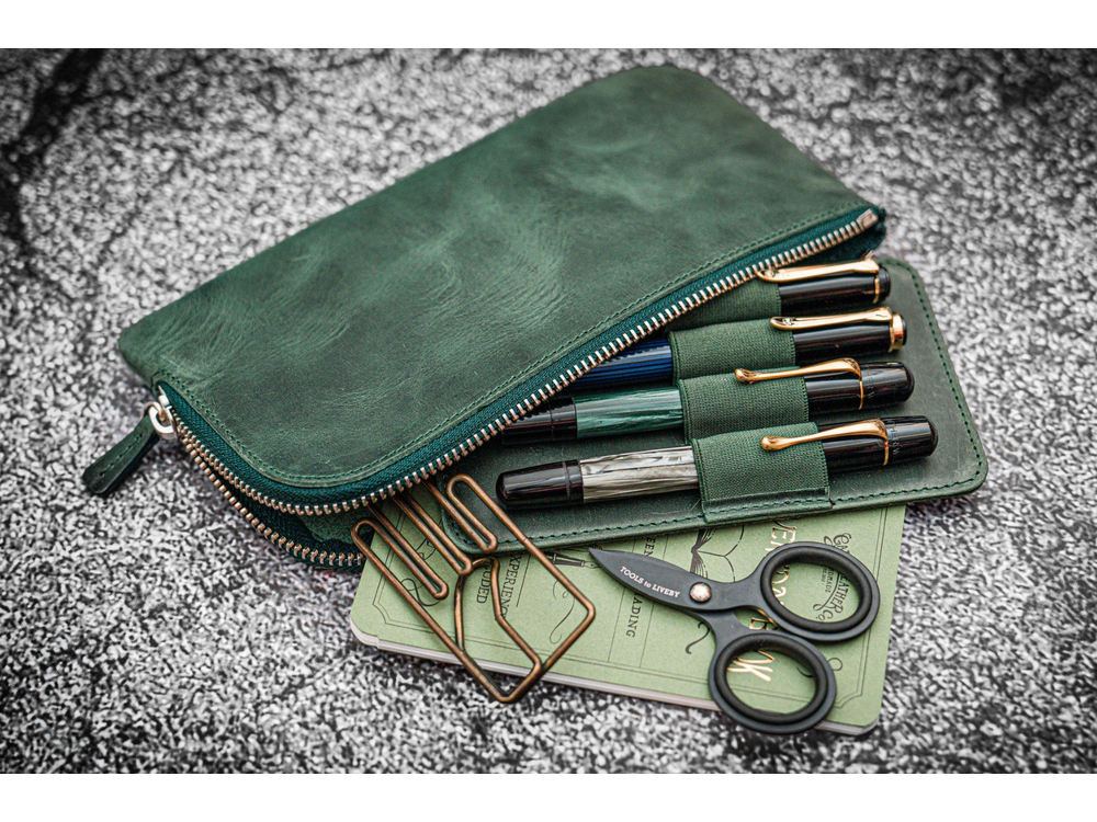 Galen Leather - Leather Slip-N-Zip 4 Slots Zippered Pen Pouch - Crazy Horse Forest Green