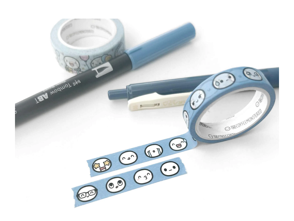 TheCoffeeMonsterzCo - August 9 Release - Washi Tape - Cerulean Blue Emoti Heads Sample (10mm)