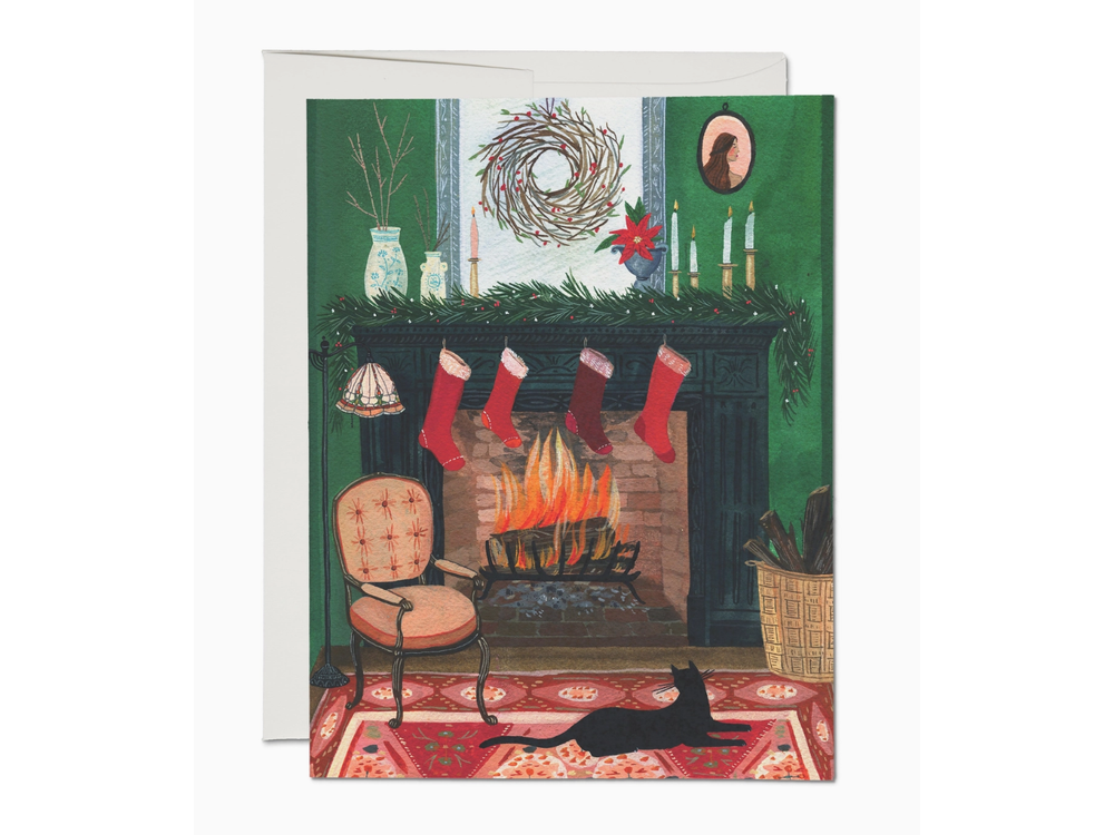 Red Cap Cards - Holiday Greeting Card - Christmas By the Fireplace