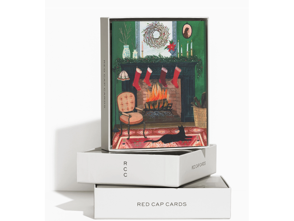 Red Cap Cards - Holiday Greeting Card - Christmas By the Fireplace (Box of 8)