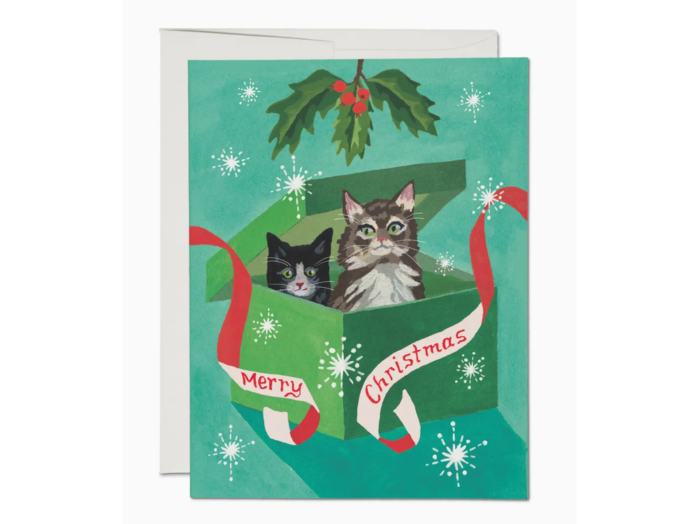 Red Cap Cards - Holiday Greeting Card - Meowy Christmas