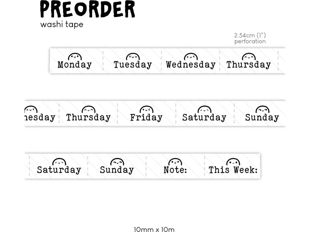 <b>PRE-ORDER</b> - TheCoffeeMonstezCo - Typewriter Days of the Week Washi Tape - 10mm