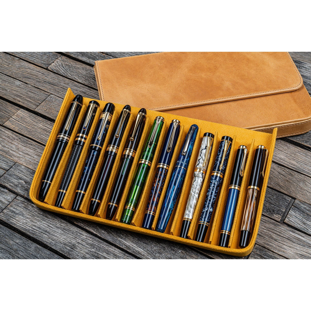 Galen Leather - Leather Magnum Opus 12 Slots Hard Pen Case with Removable Pen Tray - Crazy Horse Honey Ochre
