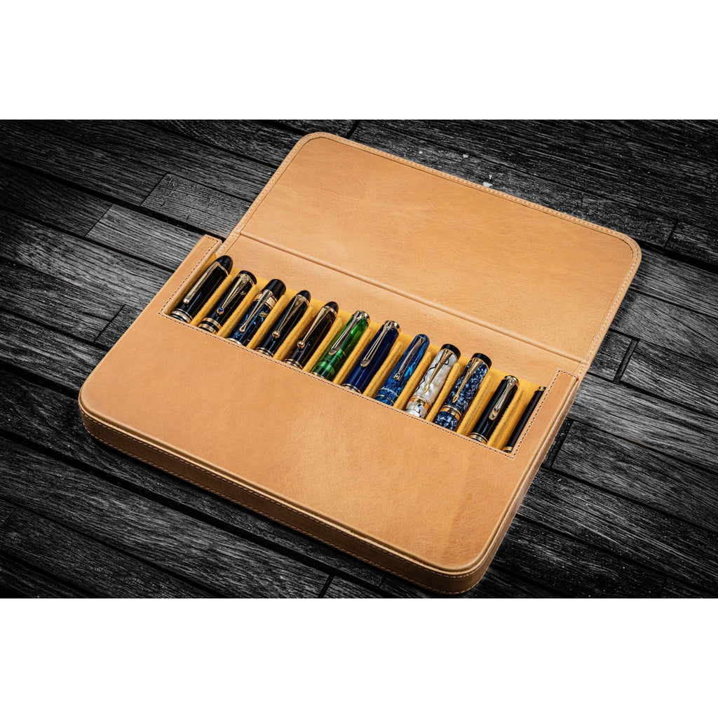 Galen Leather - Leather Magnum Opus 12 Slots Hard Pen Case with Removable Pen Tray - Crazy Horse Honey Ochre