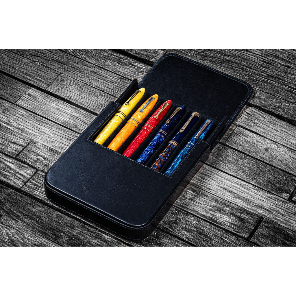 Galen Leather - Leather Magnum Opus 6 Slots Hard Pen Case with Removable Pen Tray - Black