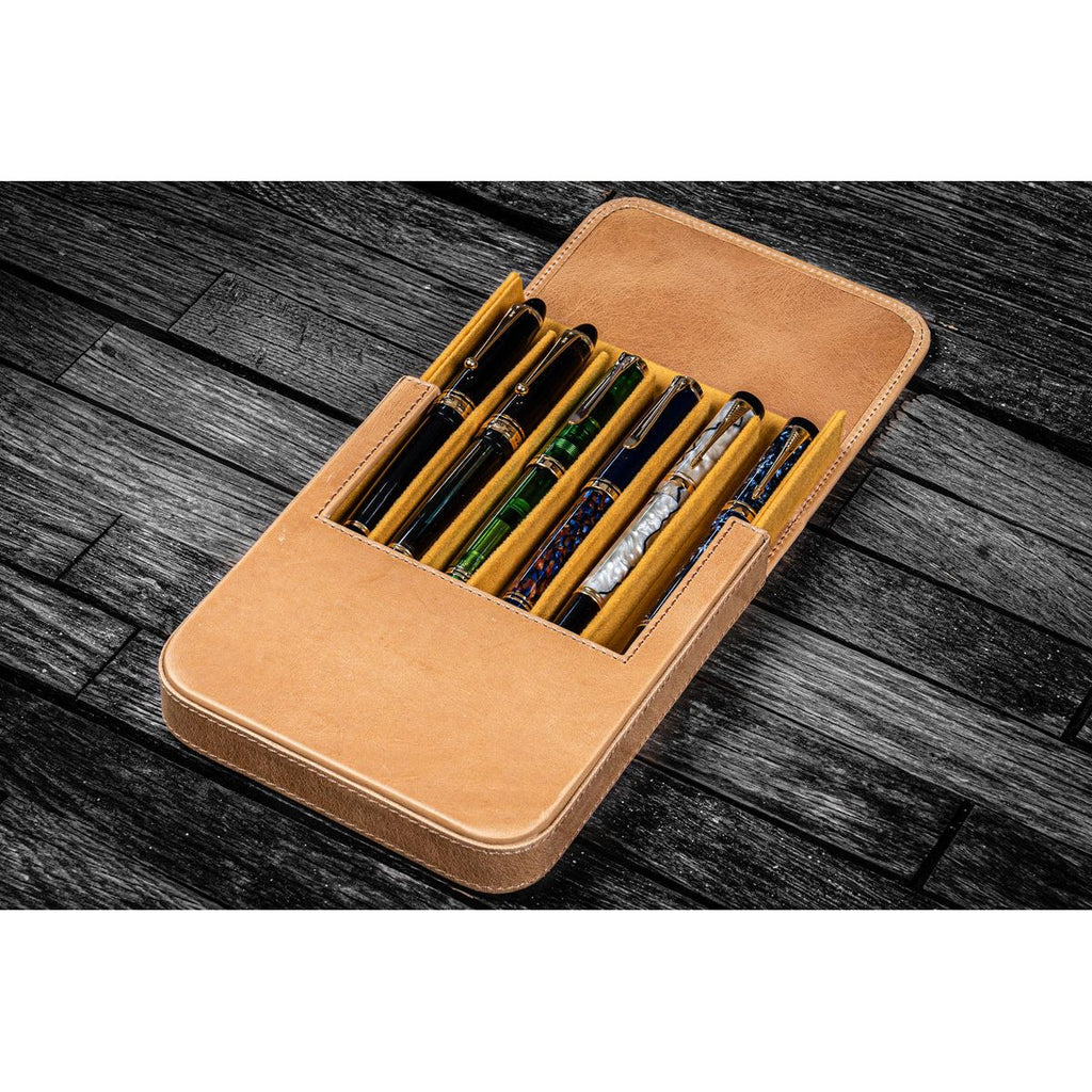 Galen Leather - Leather Magnum Opus 6 Slots Hard Pen Case with Removable Pen Tray - Crazy Horse Honey Ochre