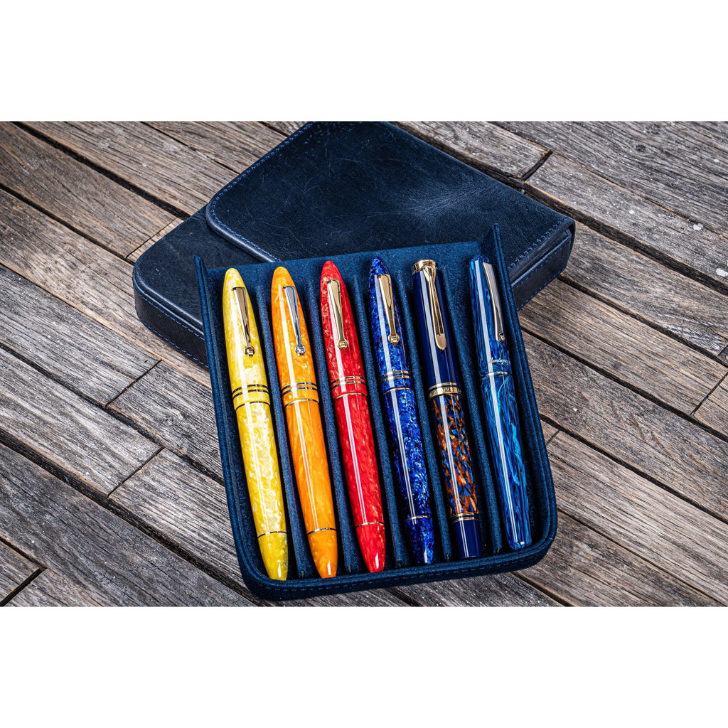 Galen Leather - Leather Magnum Opus 6 Slots Hard Pen Case with Removable Pen Tray - Crazy Horse Navy Blue