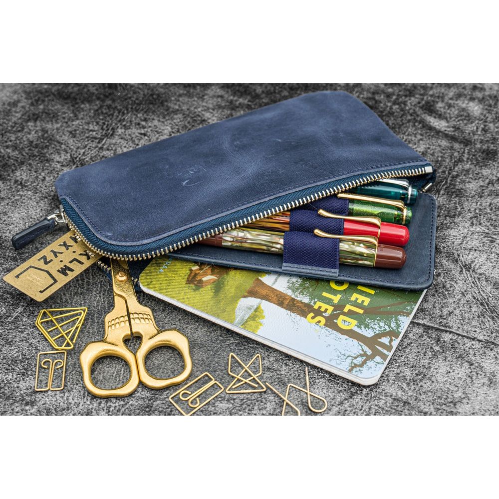 Galen Leather - Leather Slip-N-Zip 4 Slots Zippered Pen Pouch - Crazy Horse Navy Blue