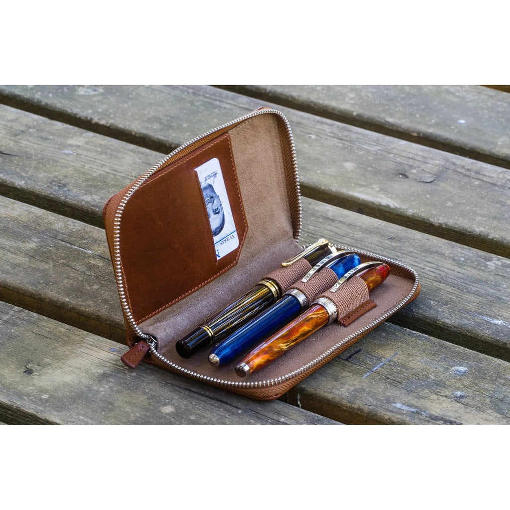 Galen Leather - Leather Zippered 3 Slots Pen Case - Brown