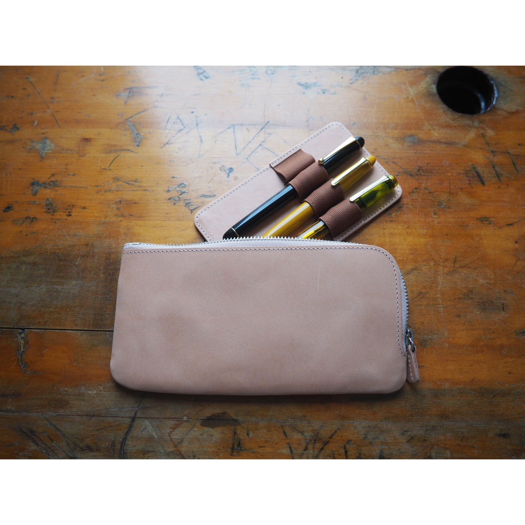 Galen Leather - Leather Slip-N-Zip 4 Slots Zippered Pen Pouch - Undyed Leather