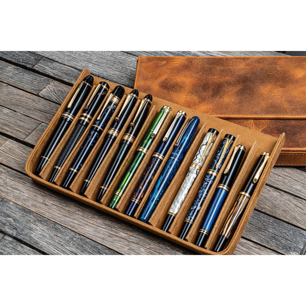 Galen Leather - Leather Magnum Opus 12 Slots Hard Pen Case with Removable Pen Tray - Crazy Horse Brown