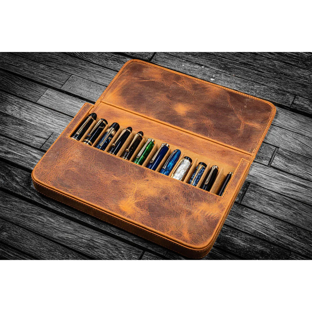 Galen Leather - Leather Magnum Opus 12 Slots Hard Pen Case with Removable Pen Tray - Crazy Horse Brown